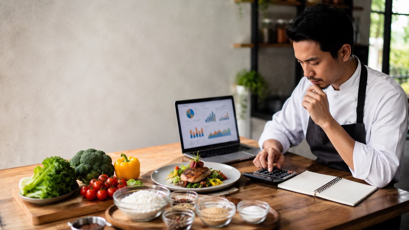 Calculadora e anotações de custo sobre a mesa de um restaurante
