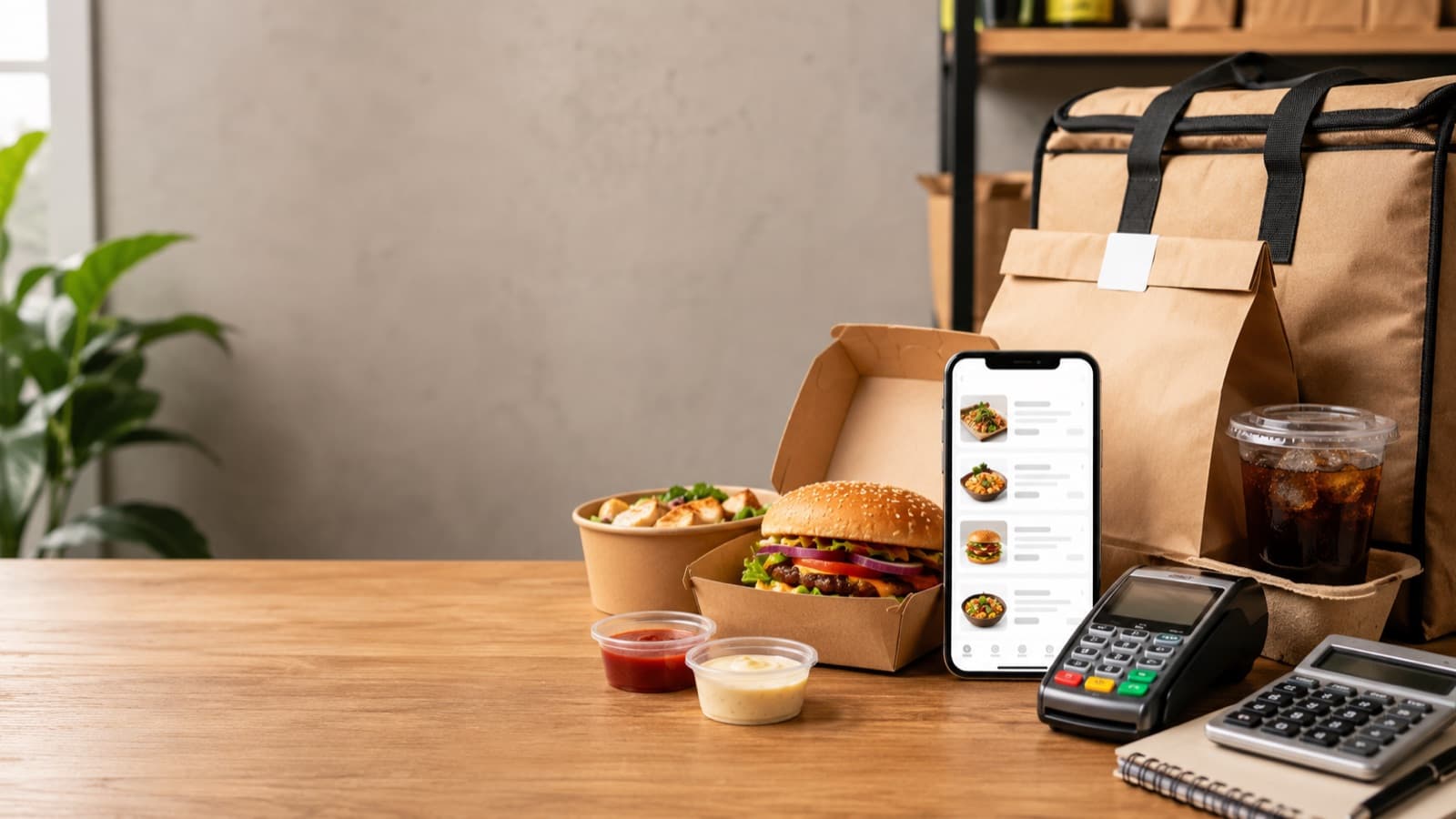 Hambúrguer em embalagem de delivery ao lado de maquininha de cartão