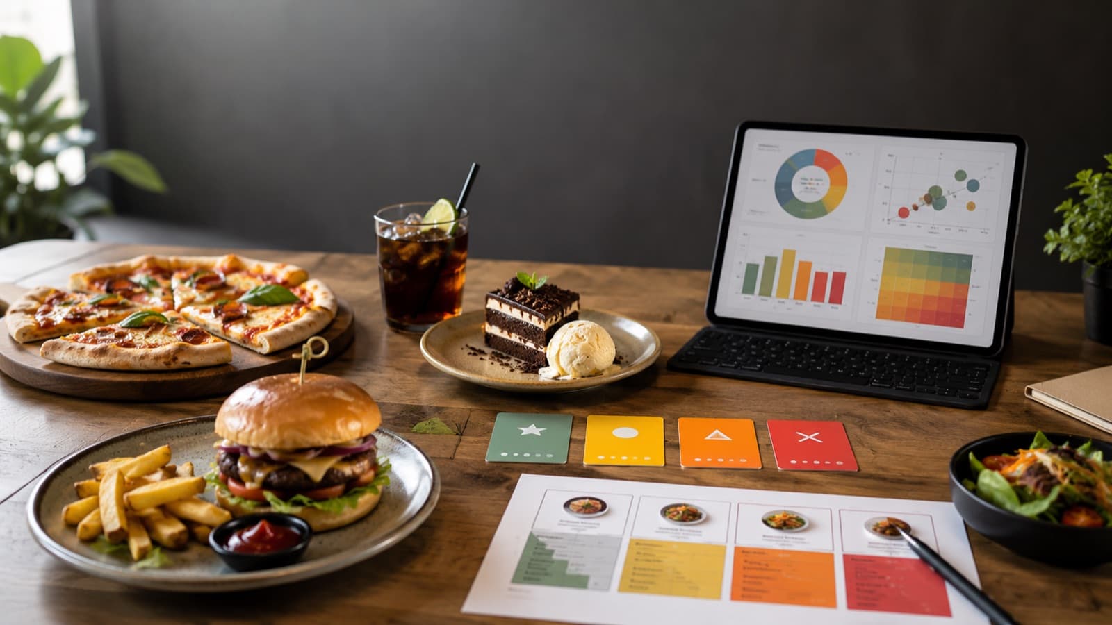 Pizza e hambúrguer ao lado de análise de cardápio num tablet