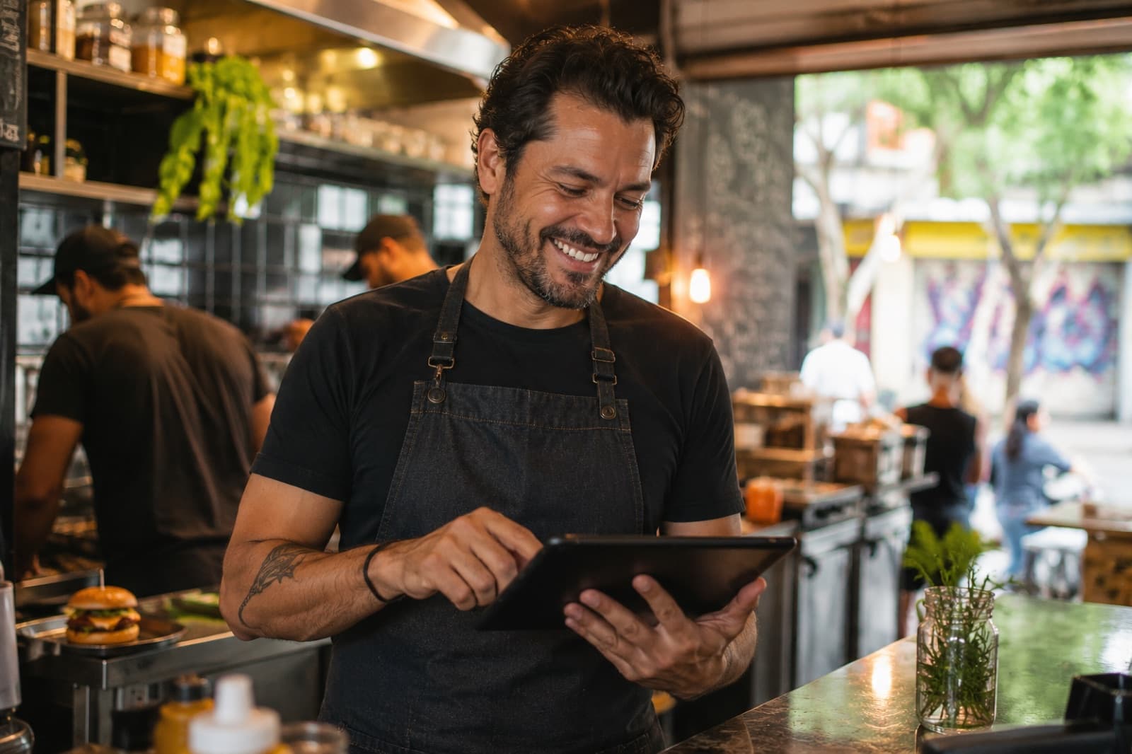Dono de hamburgueria usando o DonMenu