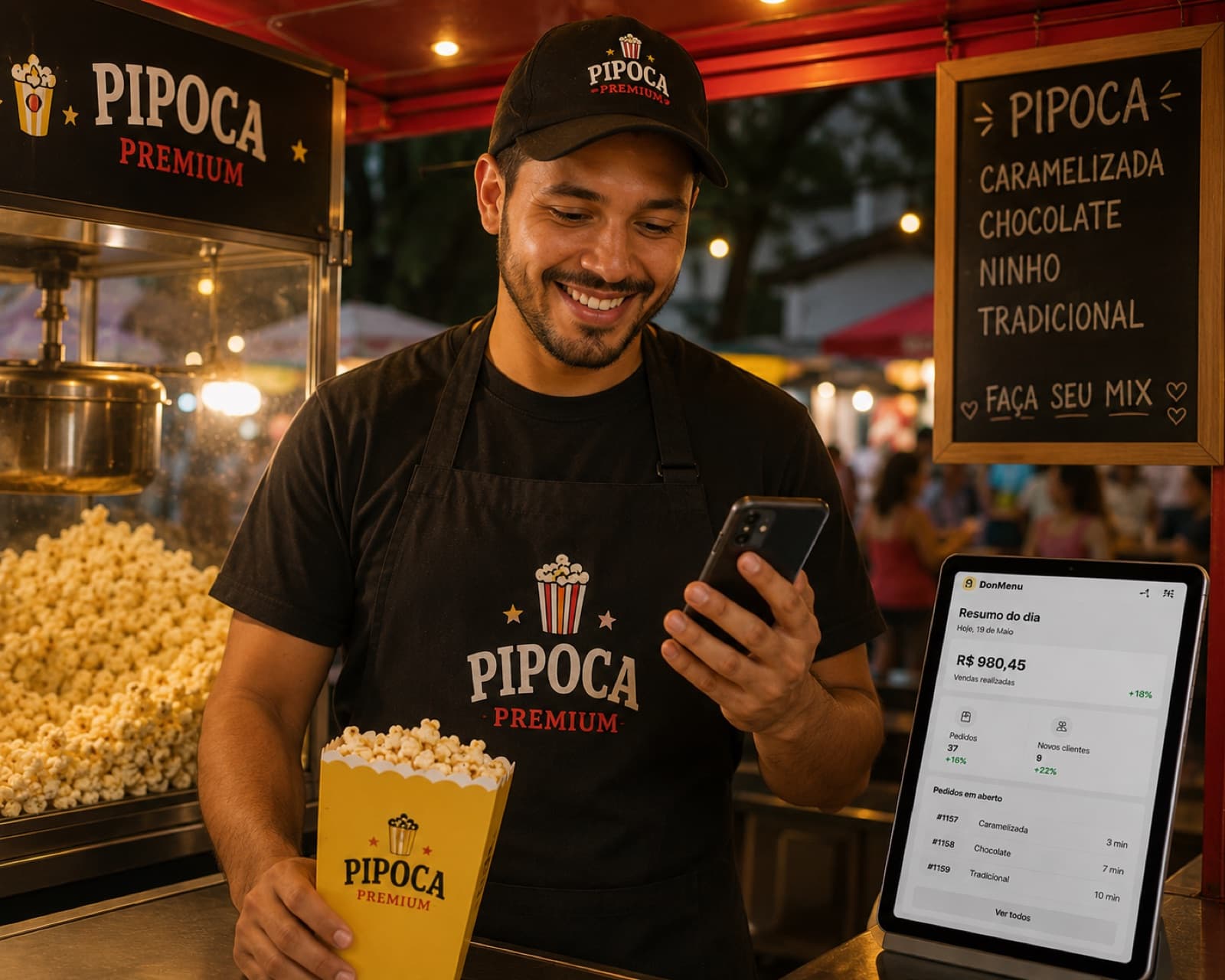 Dono de food truck usando o DonMenu